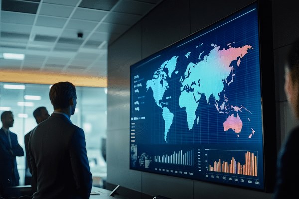 Business professionals look at a projector screen of a world map with graphs on it