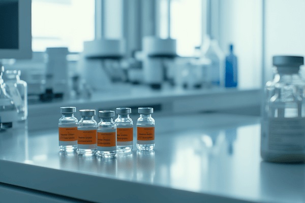 Multiple glass vaccine bottles with orange labels sit on a medical lab desk
