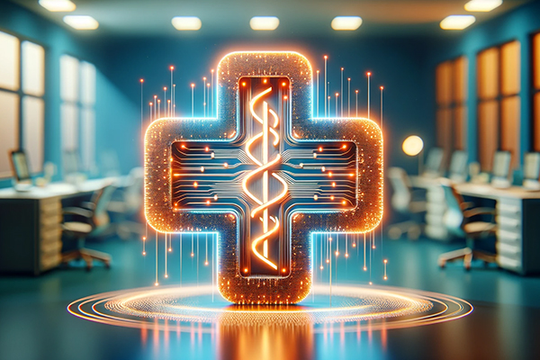 Digital representation of a caduceus on top of first aid cross and in front of office desks