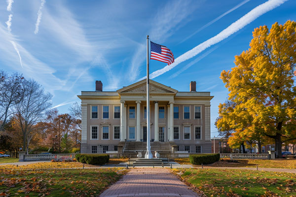 Outside a courthouse on a sunny fall day with an American flag flying