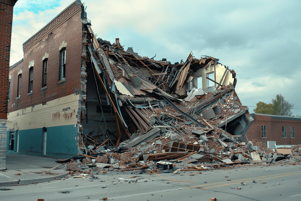 A building has collapsed into the street