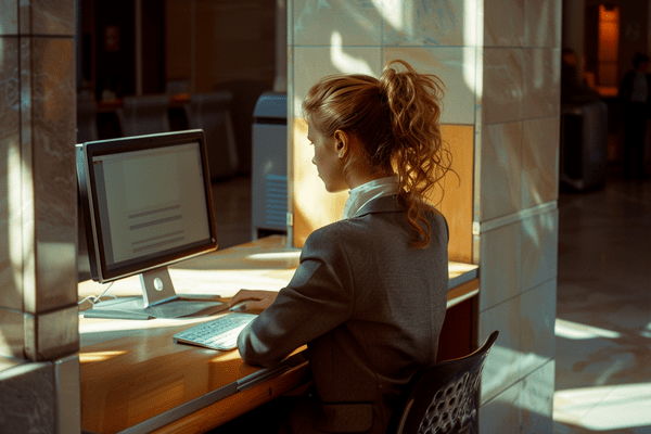 A young professional woman sitting at an office computer