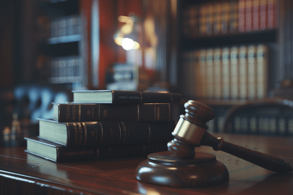 A gavel sits next to legal books in a court office