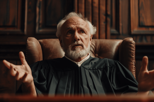 A judge in a black robe talking with his hands in a courtroom