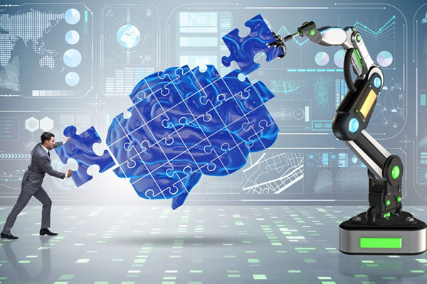 Man and robot putting together puzzle of brain