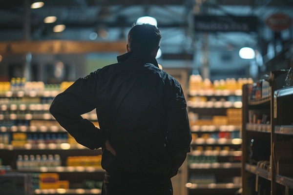 A man holding his back in a store.