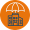 Commercial liability icon orange circle with blue building covered by white umbrella