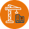 Construction icon orange circle with white crane and two blue buildings