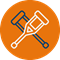 Workers comp icon orange circle with white and blue crutches