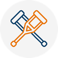 Workers comp icon white cicrcle with orange and blue crutches
