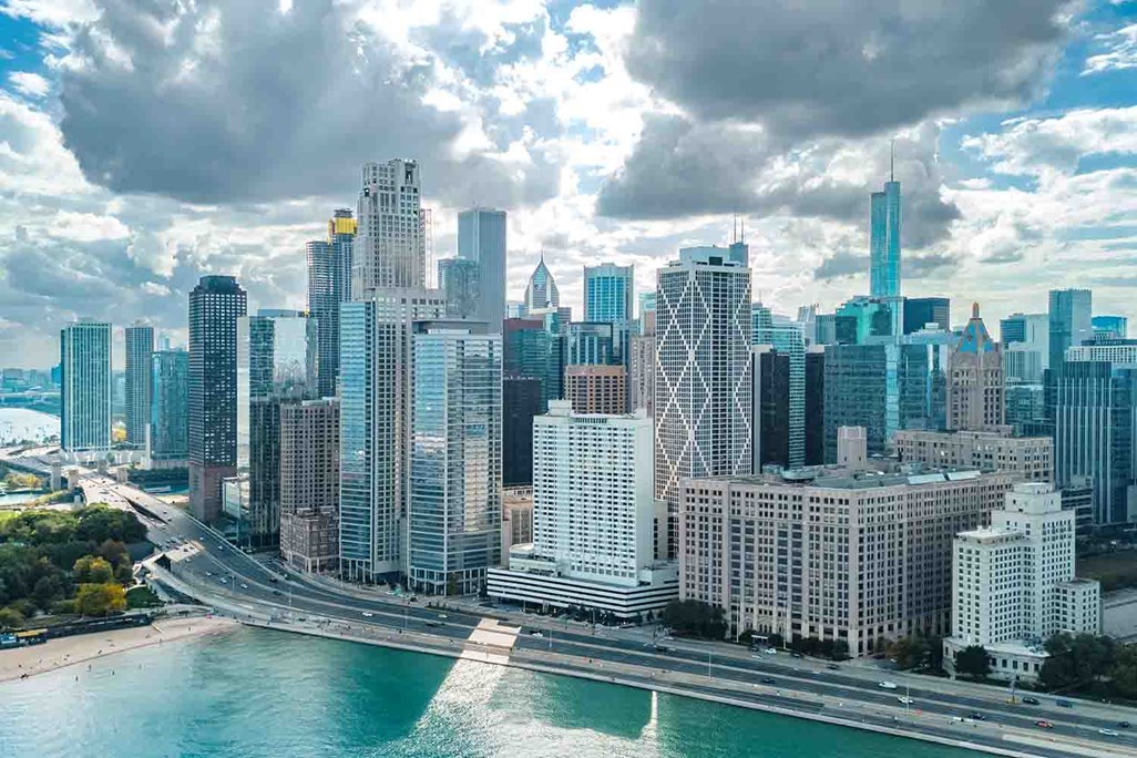 city of Chicago downtown skyscrapers and lake Michigan cityscape, Illinois, USA