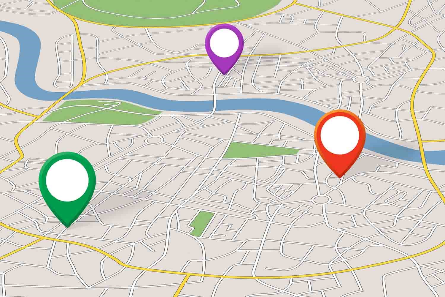City map with three locator icons