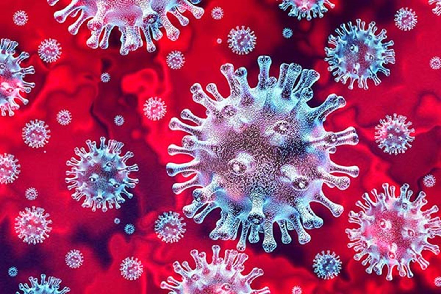 Coronavirus COVID-19 blue molecules on red background