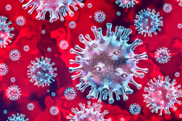 blue coronavirus red background