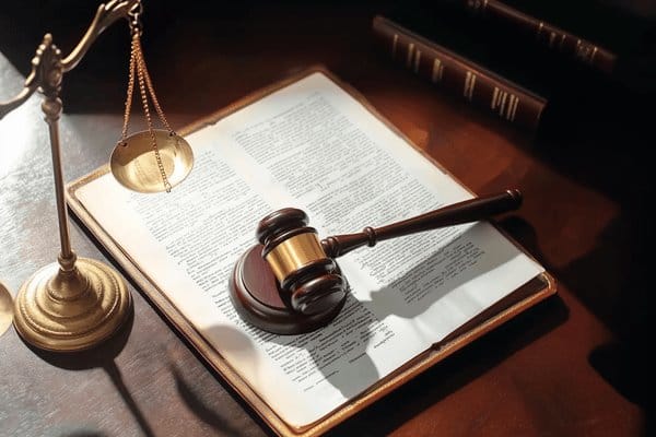 A gavel laying on top of a form with the scales of justice on the table nearby
