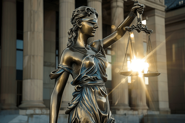 lady of justice statue outside a courthouse during golden hour