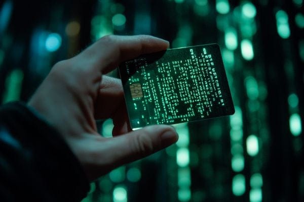 hand holding a binary code credit card