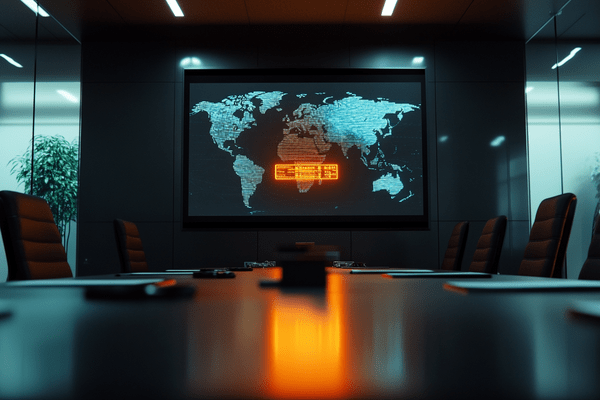 An office projector screen showing a globe map with an orange error code across it
