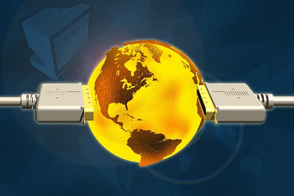 A yellow globe with network cables going into each end