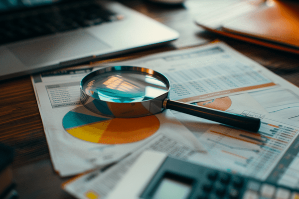 A magnifying glass laying on top of reports and pie charts on an office desk