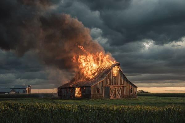 barn on fire in a field, flames rising from the roof