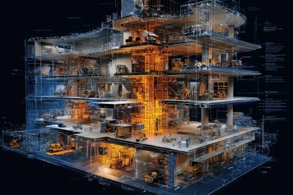 rendering of a construction blueprint of a multi-level building with tools and equipment