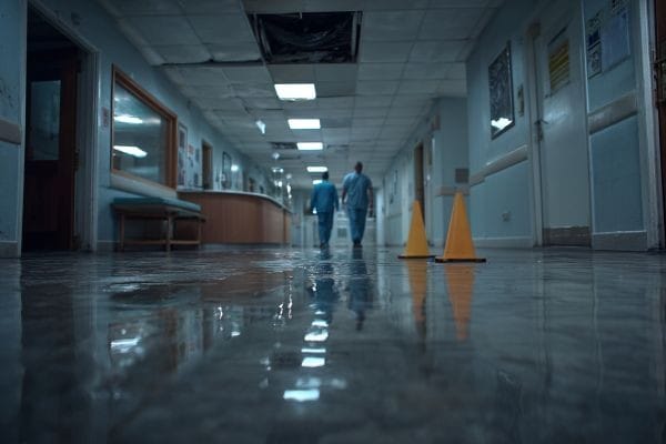 hole in the ceiling over medical staff with yellow caution cones on a wet floor in a hospital hallway
