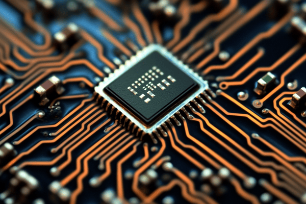 A microchip with orange pathways