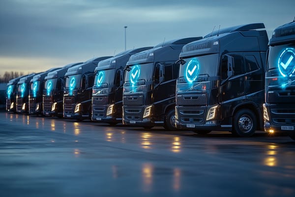 A fleet of semi-trucks in a parking lot with blue check marks across their front windows