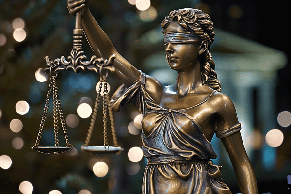 Statue of the lady justice outside a courthouse at night