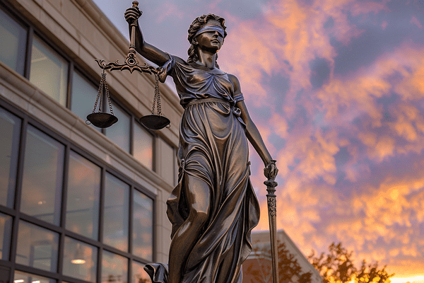 Statue of the lady justice outside a courthouse at sunrise