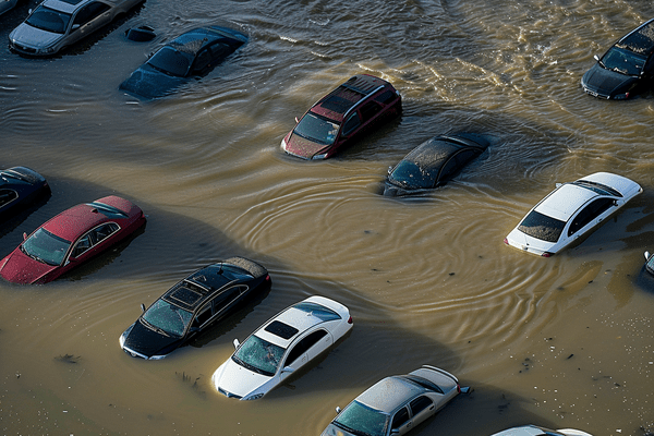 Cars in a parking lot under water during a flood