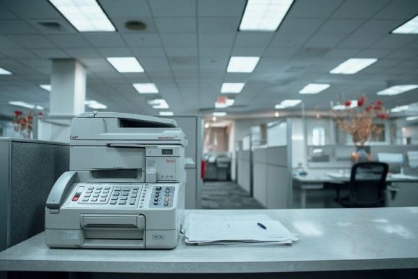 fax machine on a table amid cubicles in a professional office