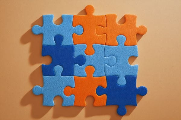 Nine blue and orange puzzle pieces connected