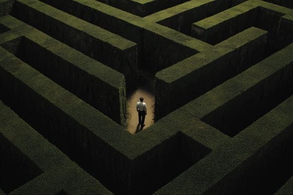 Businessman standing in the middle of a green labyrinth