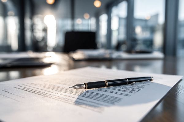 fountain pen lying on an insurance contract on a desk in a modern office