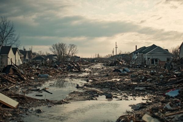 destruction and flooding in a residential neighborhood after a tornado