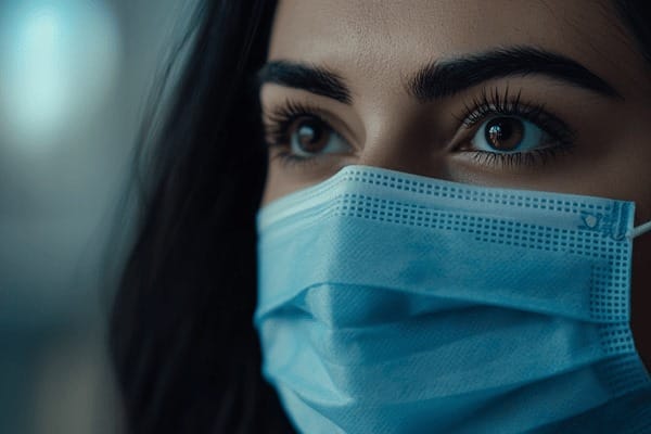 A close-up image of a woman wearing a blue medical mask
