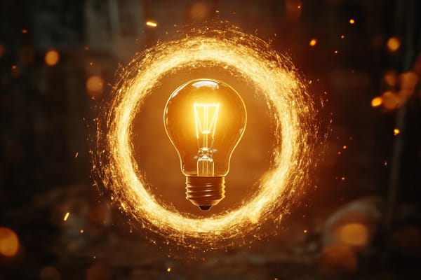 A light bulb glows with a circle of light streaks surrounding it