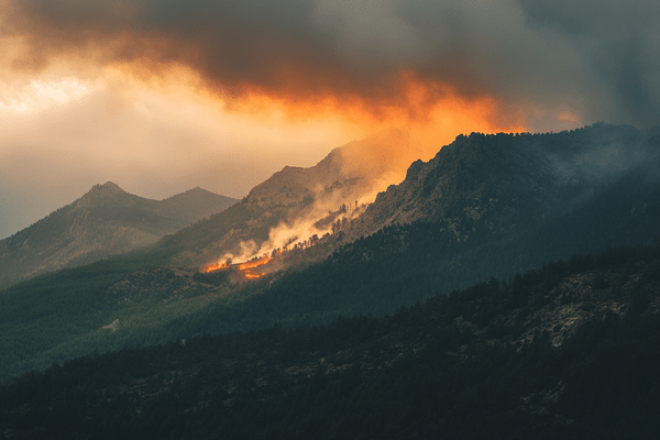 A wildfire moves down the valley of forested mountains and fills the sky with smoke