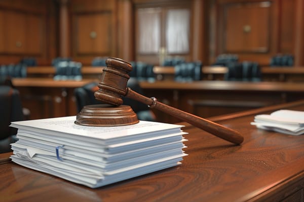 A gavel lays on top of a large stack of documents in an empty courtroom