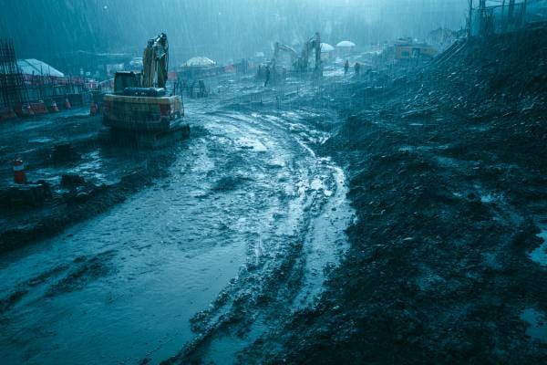 flooded and muddy construction site during a rainstorm