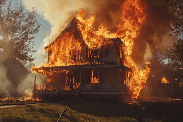 house with flames and smoke coming out all around it