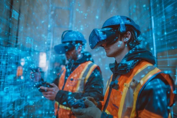 construction workers wearing VR headsets and controllers in a hologram construction site