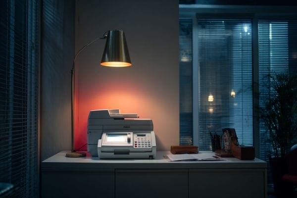 an old fax machine alone in a corner of an office under a lamp