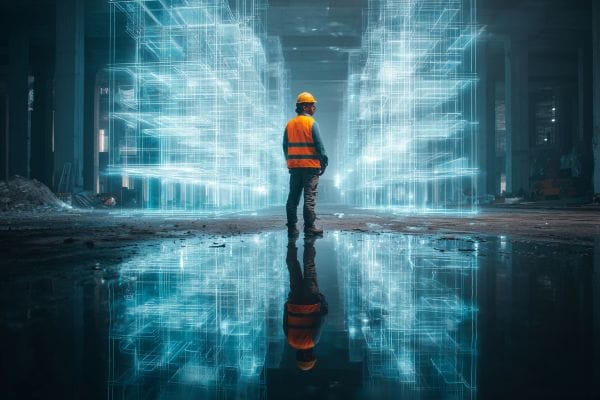 construction worker standing in a partially hologram construction site by a puddle reflecting them