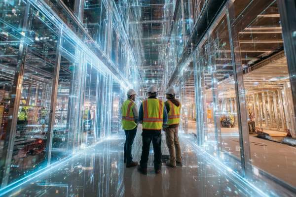 three construction workers standing in the middle of a partially virtual building under construction