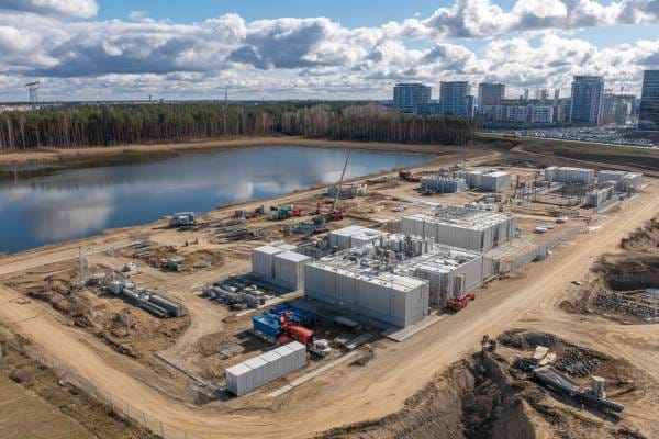 data center under construction near a water feature on the edge of a city