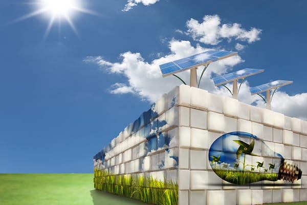 An illustration of a modern green energy building