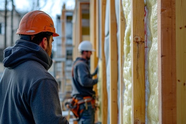 Two workers with hard hats looking at insulation on a building under construction